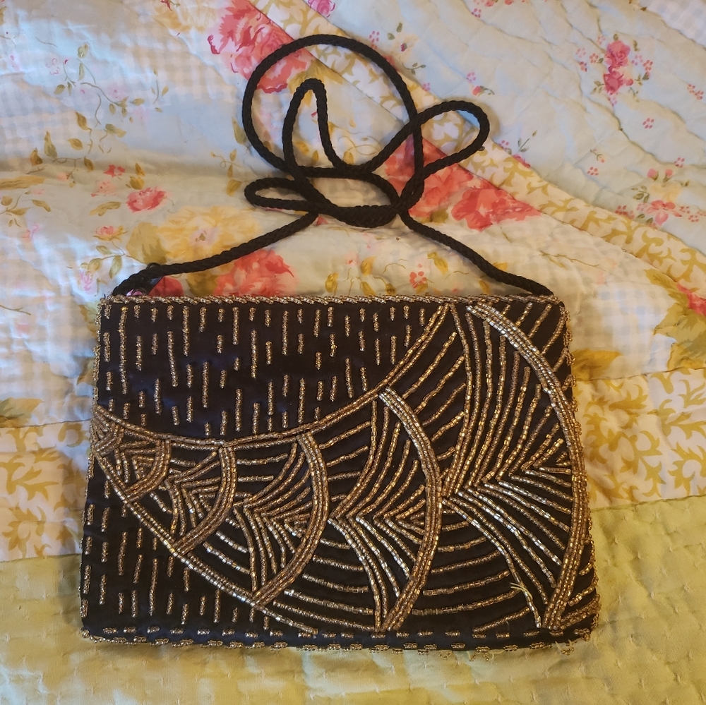 Small Vintage Magid Black Purse With Gold Beadwork Crossbody Shoulder Bag Clutch